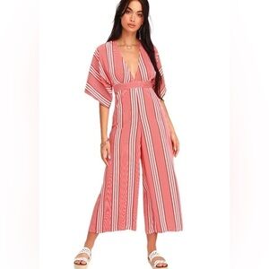 lulus gone coastal red and white striped v-neck wide leg jumpsuit